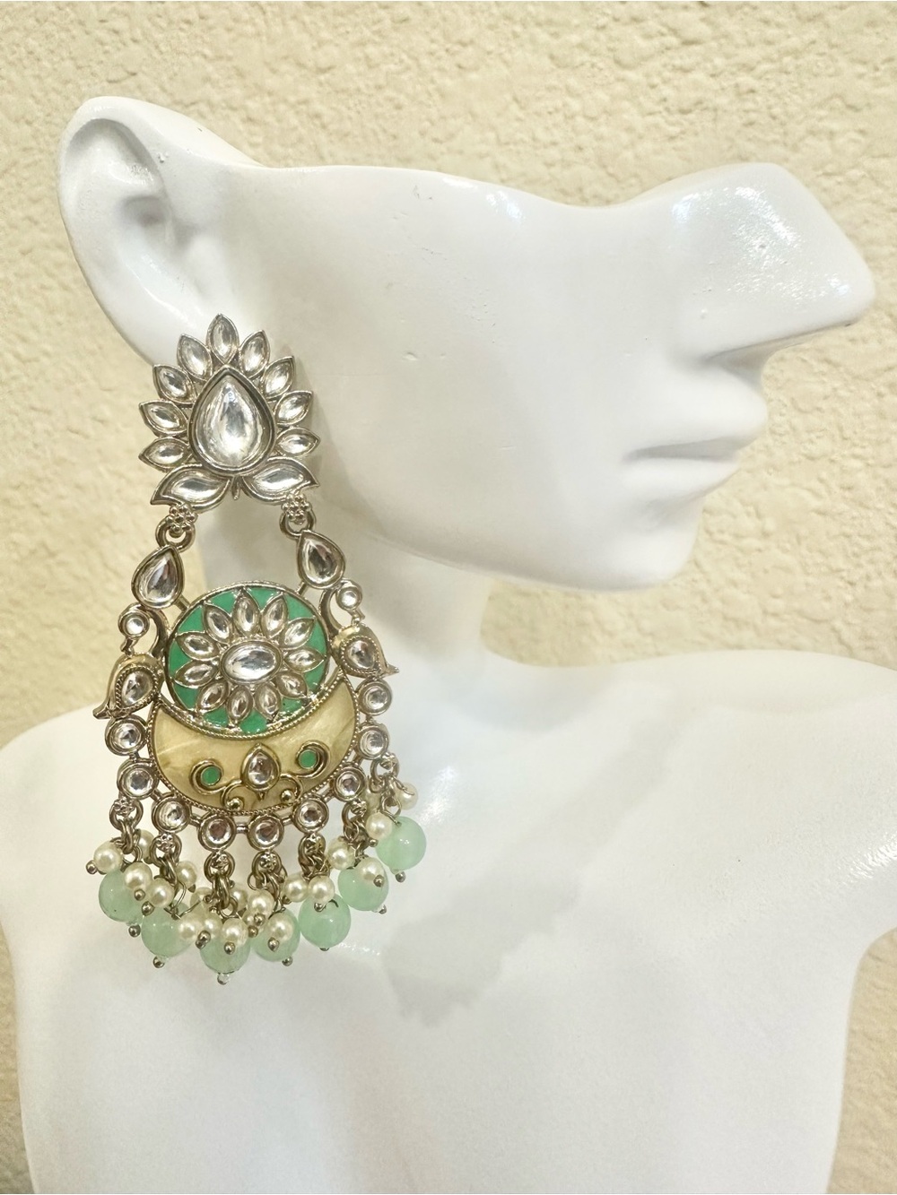 Gold Plated Mint Green and Gold Kundan Chandbali Earrings